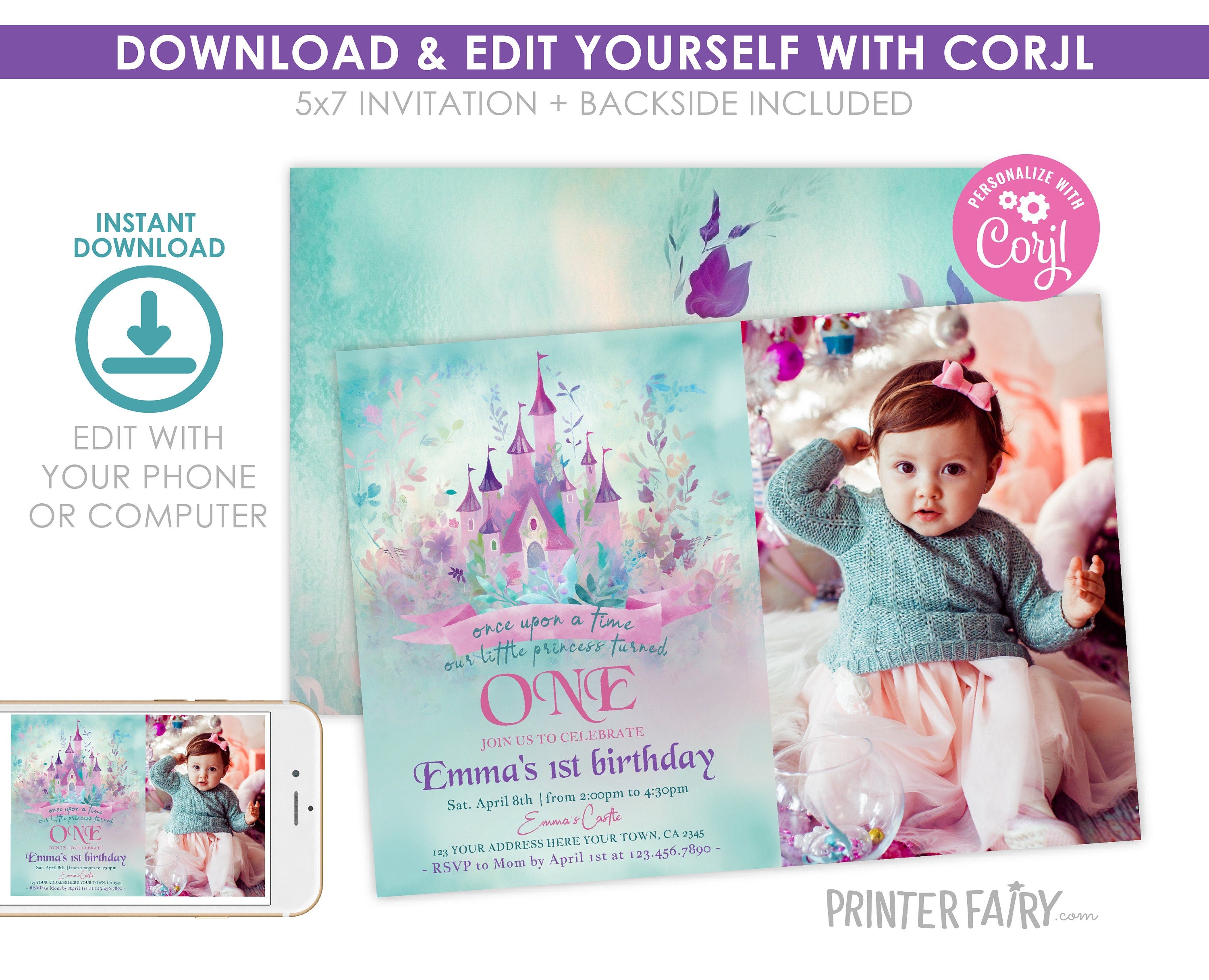 Princess Castle First Birthday Invitation with Photo (Download)