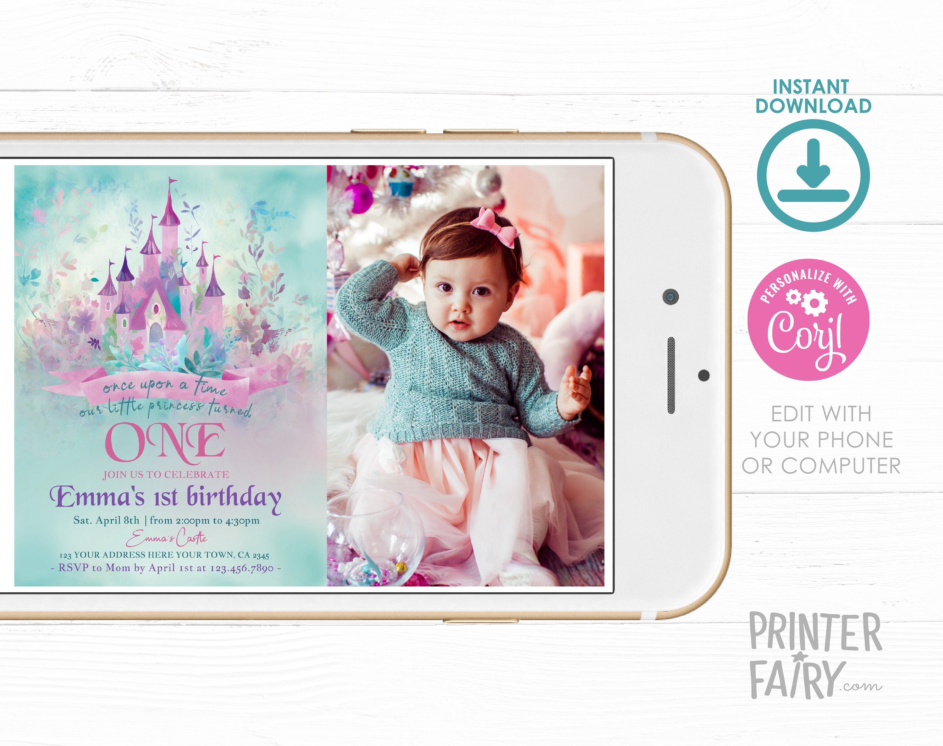 Princess Castle First Birthday Invitation with Photo (Download)