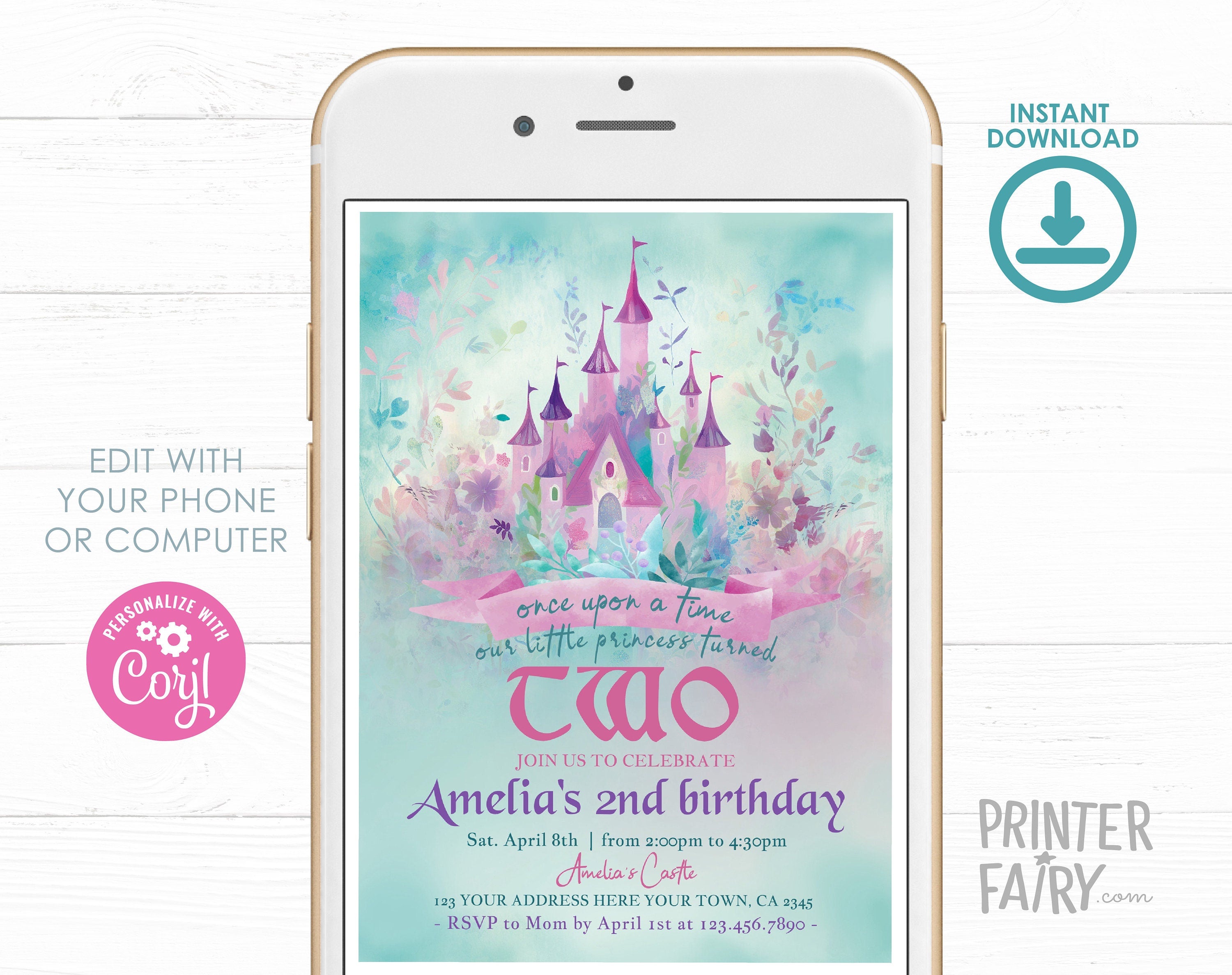 Princess Castle Second Birthday Invitation, Editable (Digital Download)