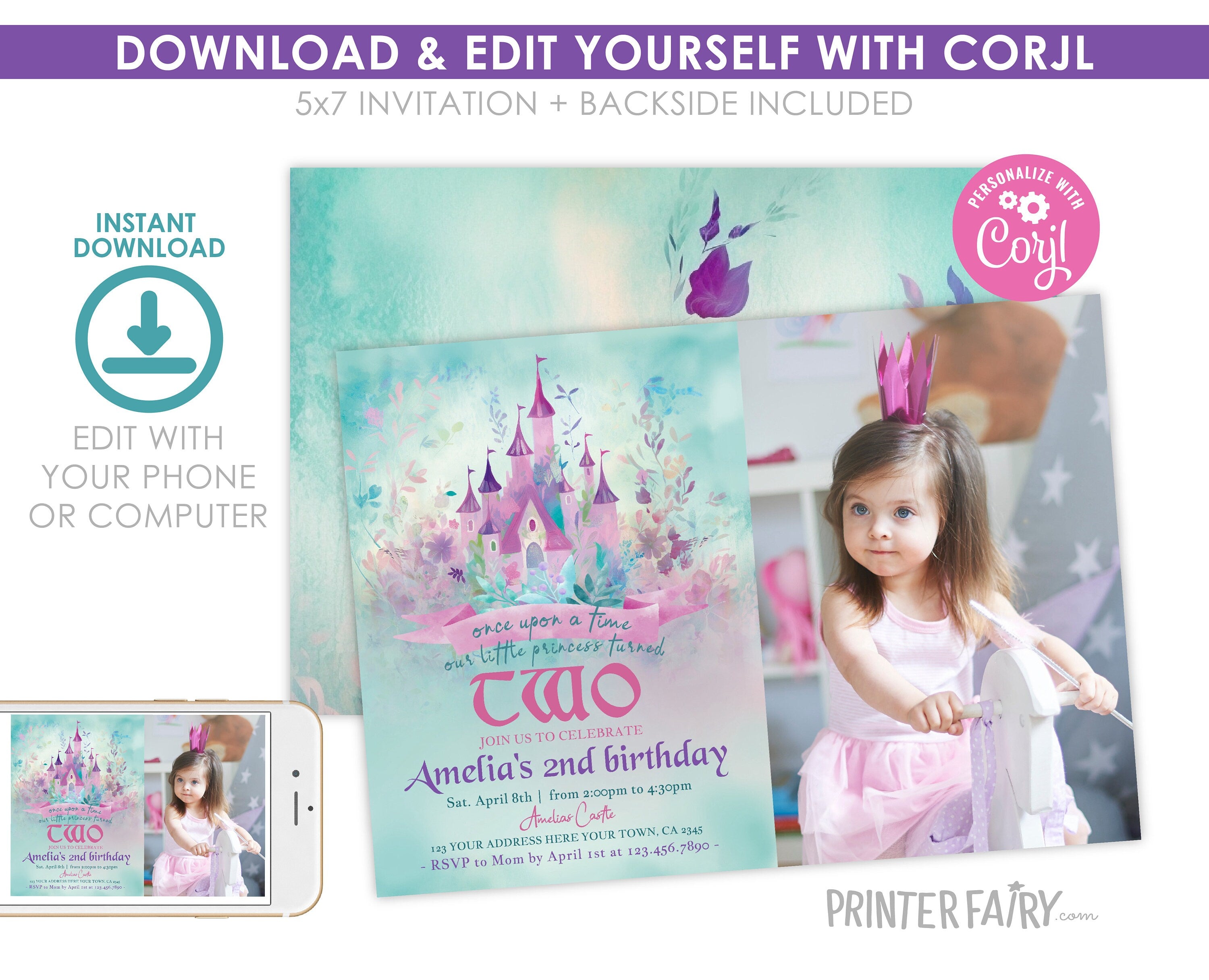 Princess Castle Second Birthday Invitation with Photo, Editable (Digital Download)