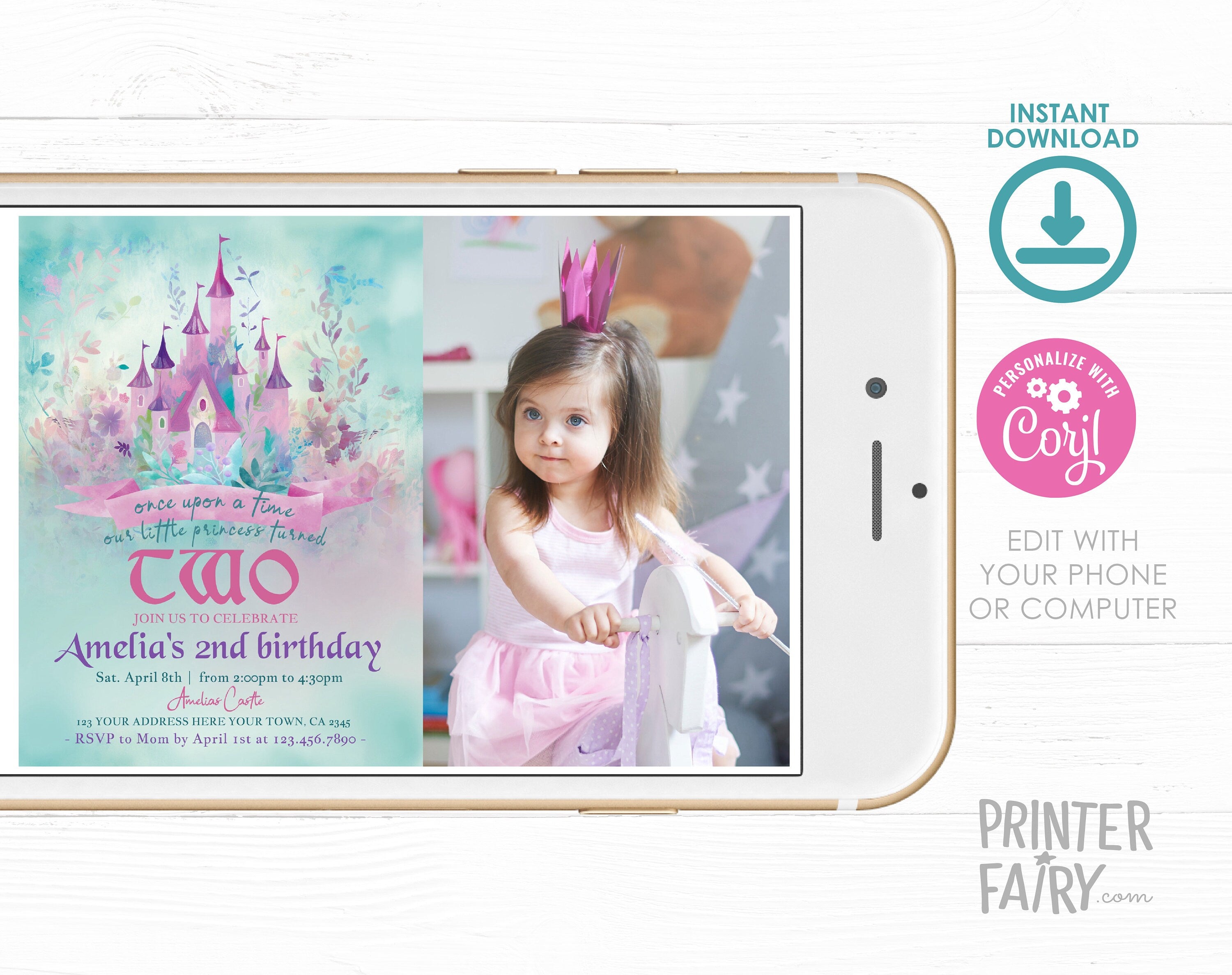 Princess Castle Second Birthday Invitation with Photo, Editable (Digital Download)
