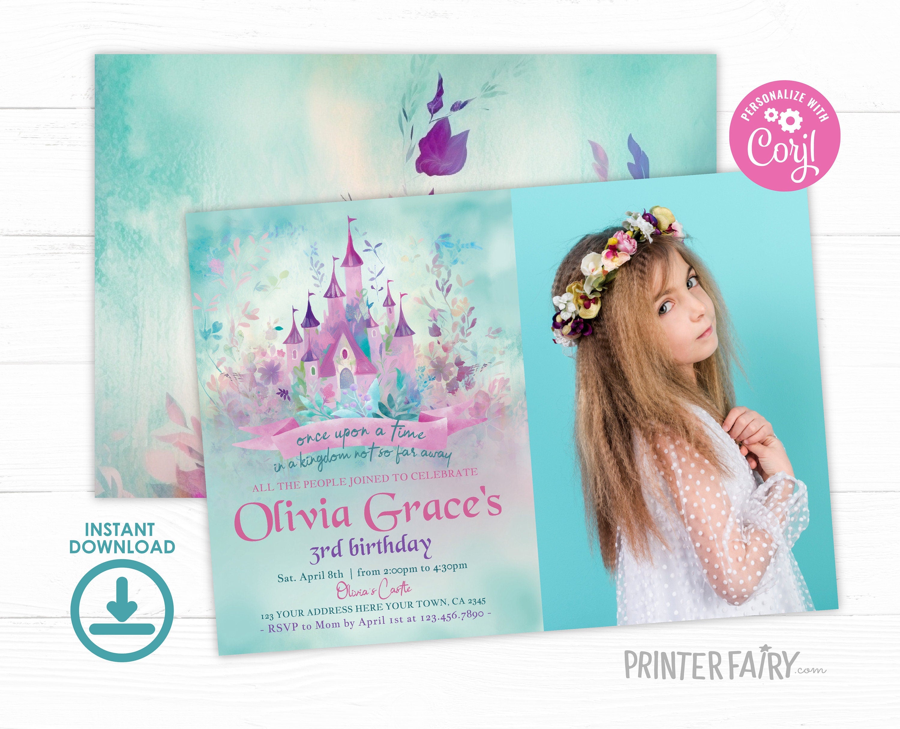 Princess Castle Birthday Invitation with Photo, Editable (Digital Download)