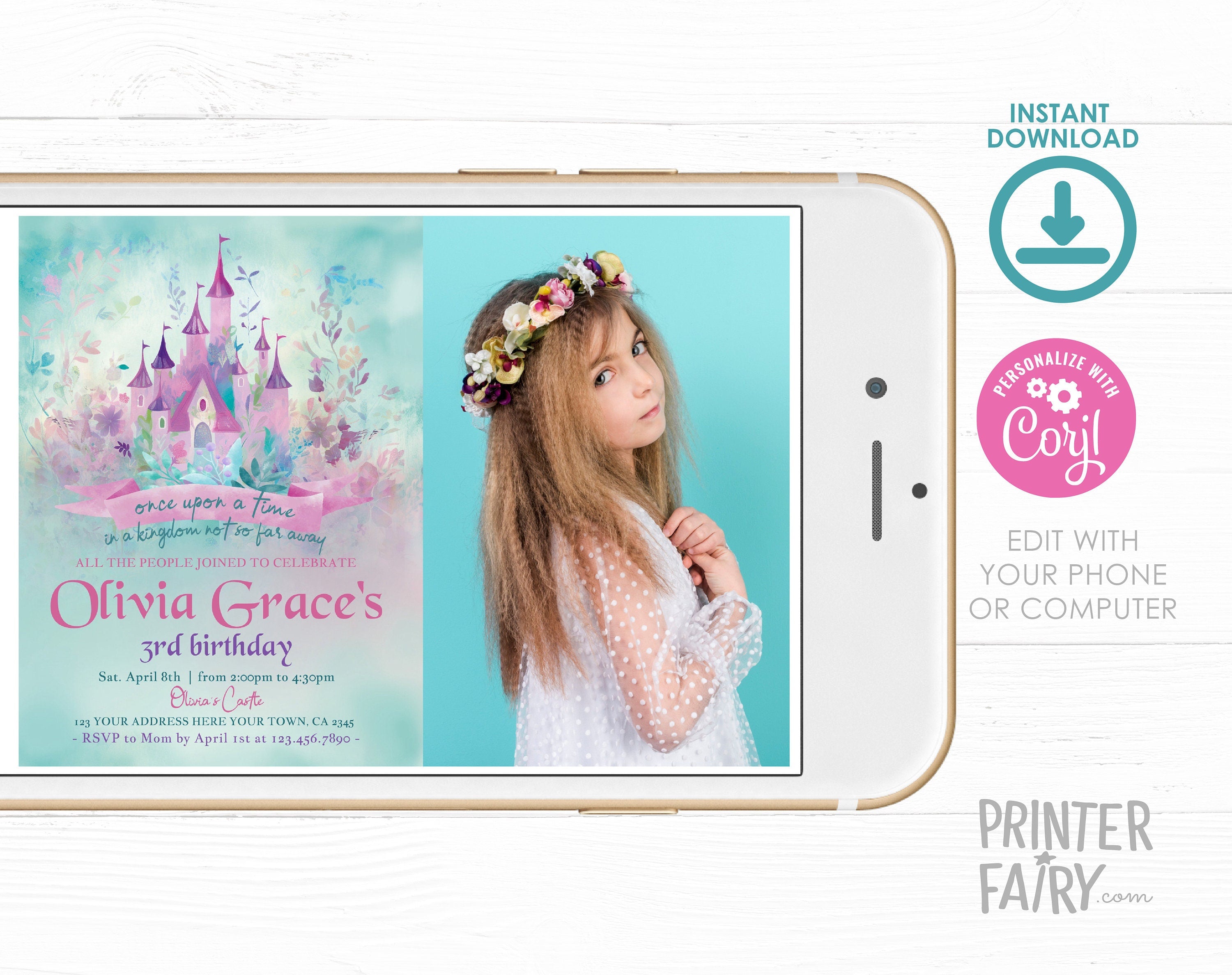 Princess Castle Birthday Invitation with Photo, Editable (Digital Download)