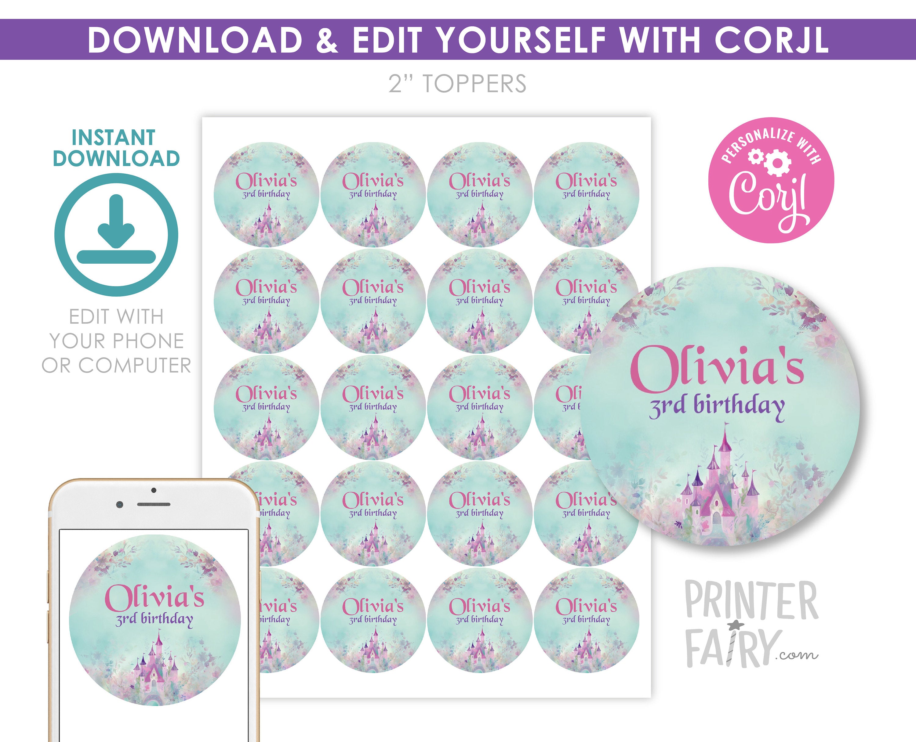 Princess Birthday Party Toppers, Castle Round Labels (Editable Digital Item)