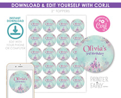 Princess Birthday Party Toppers, Castle Round Labels (Editable Digital Item)