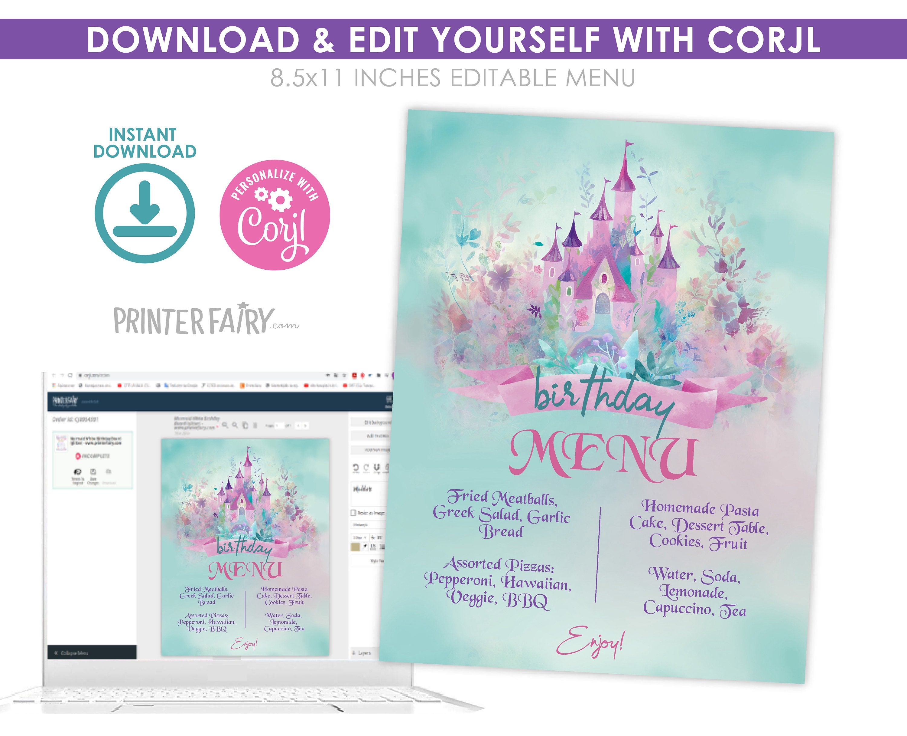 Princess Castle Birthday Party Menu, Editable Printable (Digital Download)