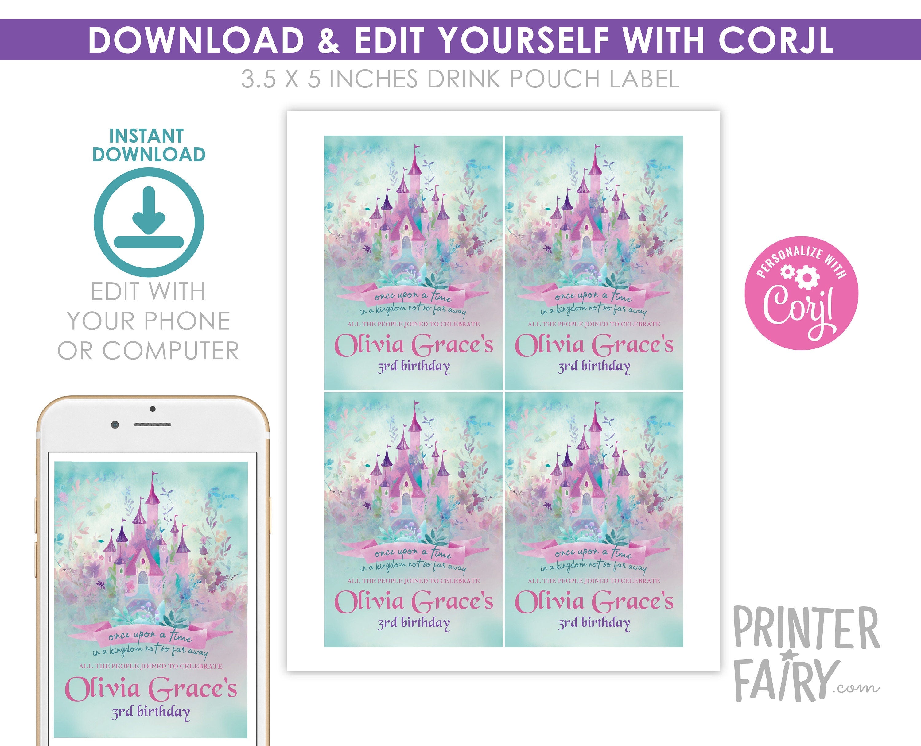Princess Castle Birthday Drink Pouch Label, Editable Party Decoration (Instant Download)