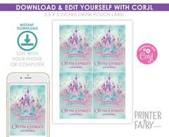 Princess Castle Birthday Drink Pouch Label, Editable Party Decoration (Instant Download)