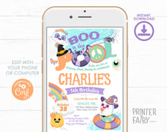 Summerween Pool Party Invitation, Halloween Birthday, Editable (Digital Download)