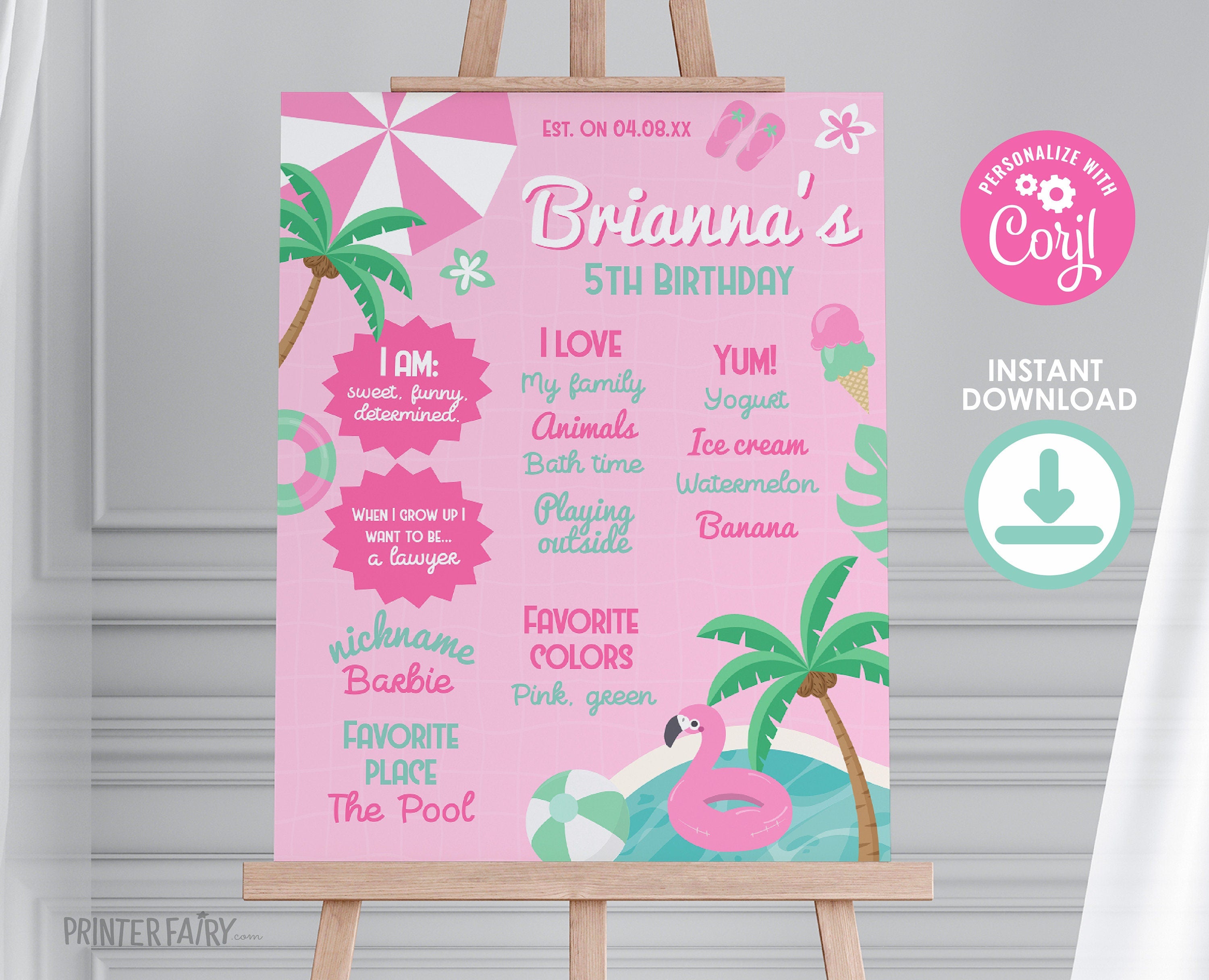 Pool Party Birthday Board, Pink Stats Sign (Editable Digital Item)