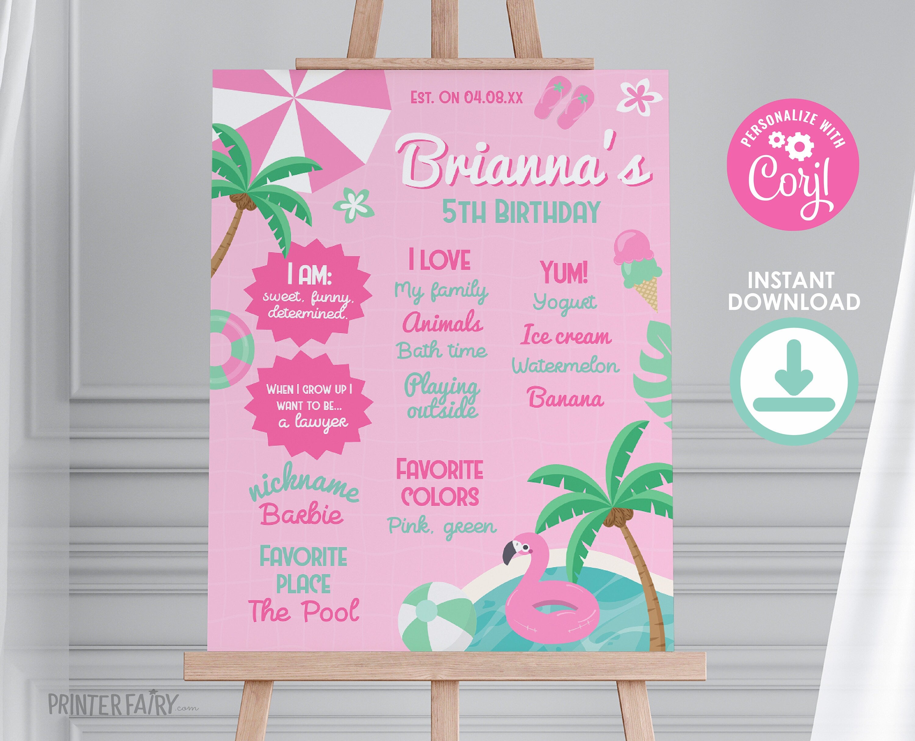 Pool Party Birthday Board, Pink Stats Sign (Editable Digital Item)