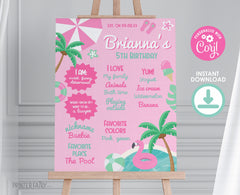 Pool Party Birthday Board, Pink Stats Sign (Editable Digital Item)
