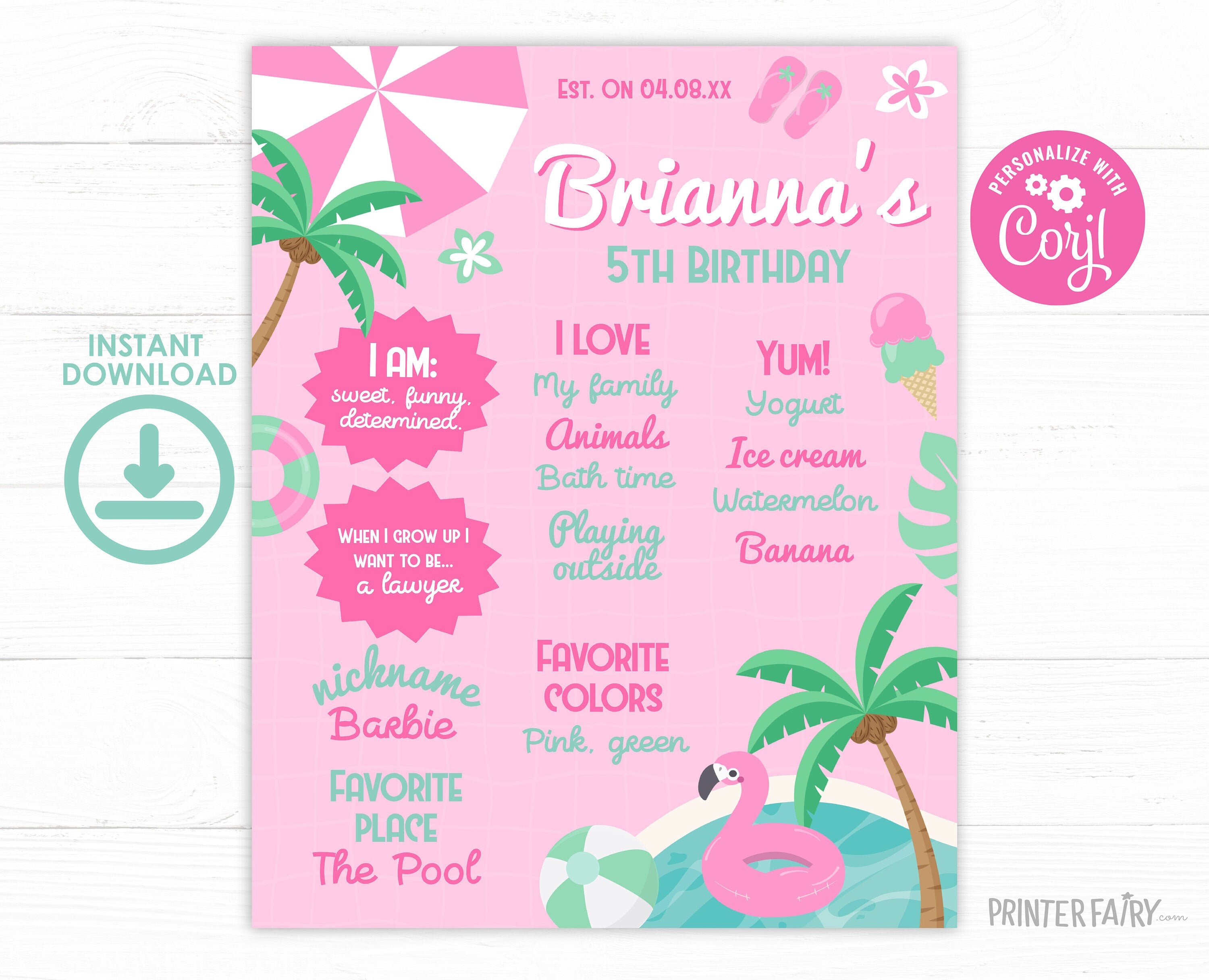 Pool Party Birthday Board, Pink Stats Sign (Editable Digital Item)