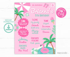 Pool Party Birthday Board, Pink Stats Sign (Editable Digital Item)