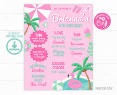 Pool Party Birthday Board, Pink Stats Sign (Editable Digital Item)