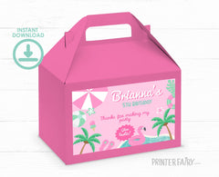 Pink Pool Party Gable Box Label, Editable Birthday Favor (Digital Download)