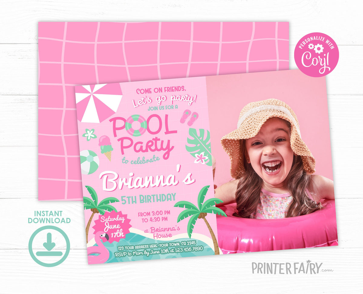 Pink Pool Party Invitation with Photo, Editable Birthday Invite (Digital Download)