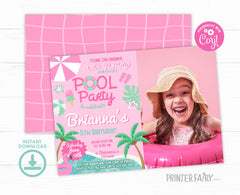 Pink Pool Party Invitation with Photo, Editable Birthday Invite (Digital Download)
