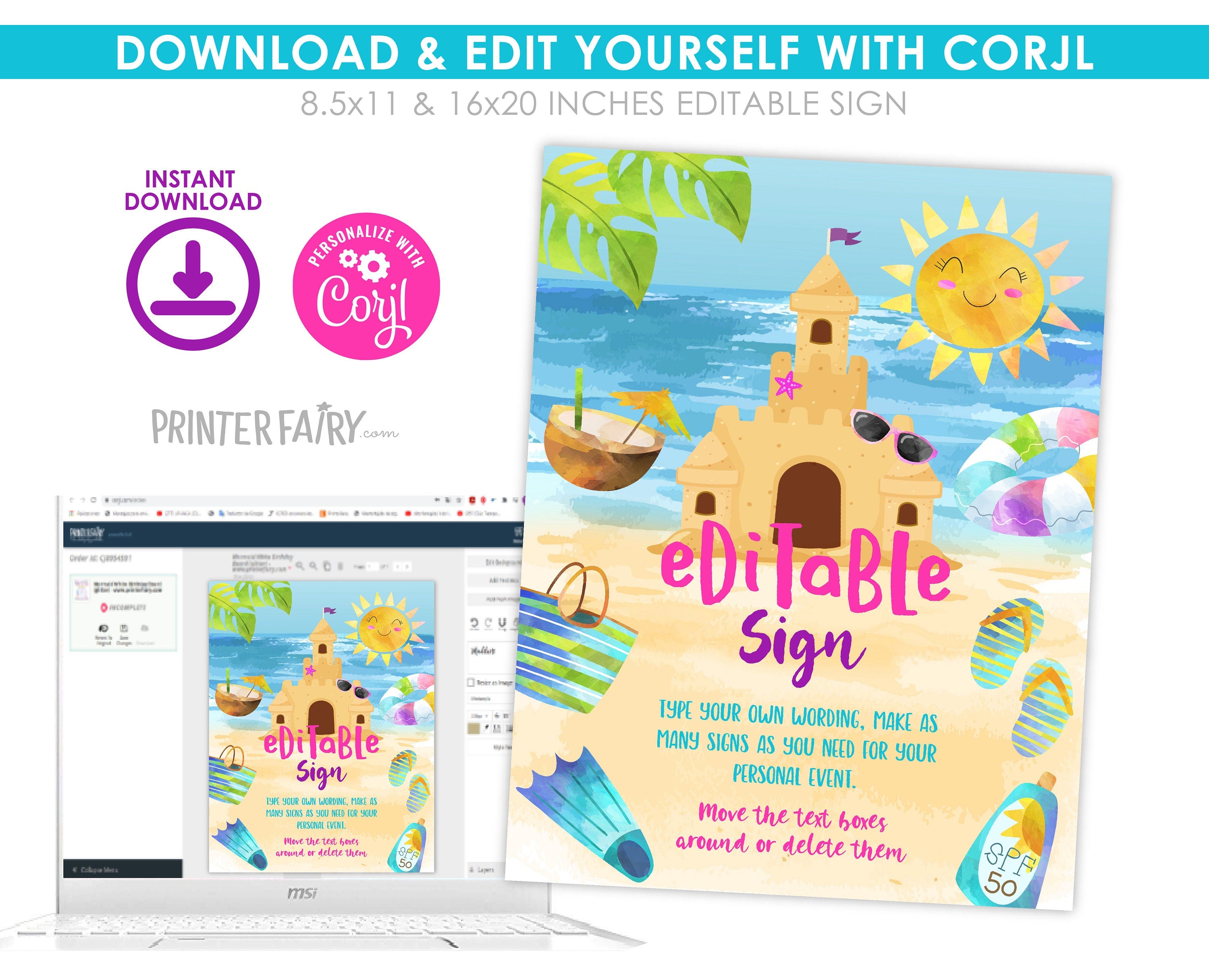 Beach Birthday Party Editable Sign Template, Sand Castle Printable Decorations, Instant Download
