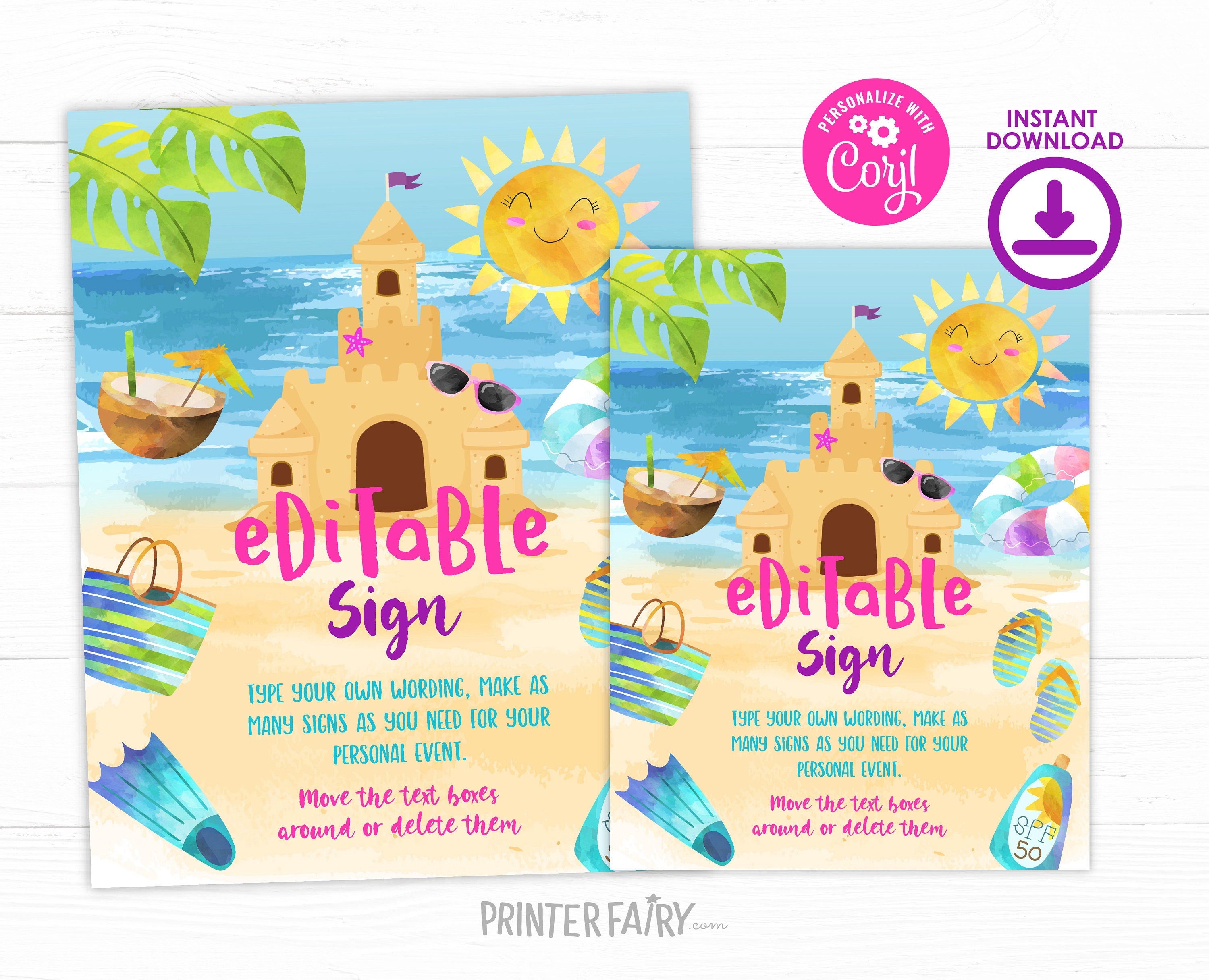 Beach Birthday Party Editable Sign Template, Sand Castle Printable Decorations, Instant Download