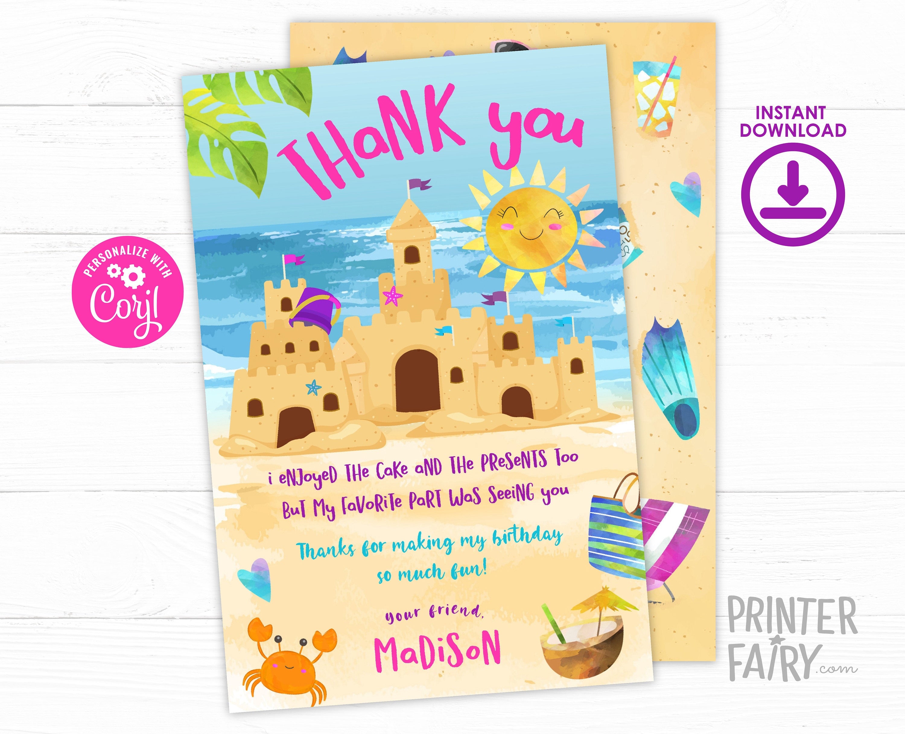 Beach Birthday Party Thank You Card Editable Template, Sand Castle Theme, Instant Download