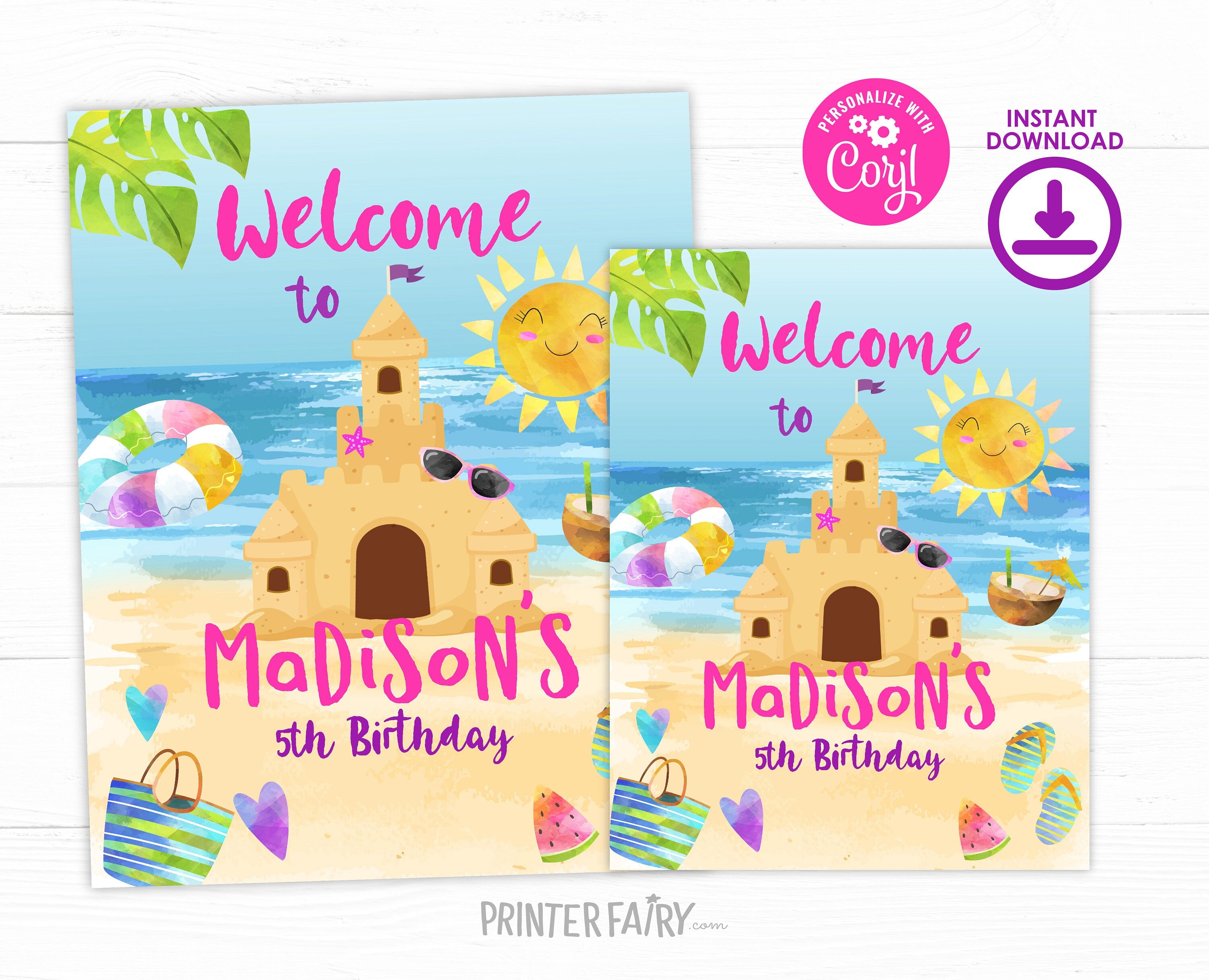 Beach Birthday Party Welcome Sign Editable Template, Sand Castle Party Printables, Instant Download