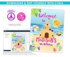 Beach Birthday Party Welcome Sign Editable Template, Sand Castle Party Printables, Instant Download
