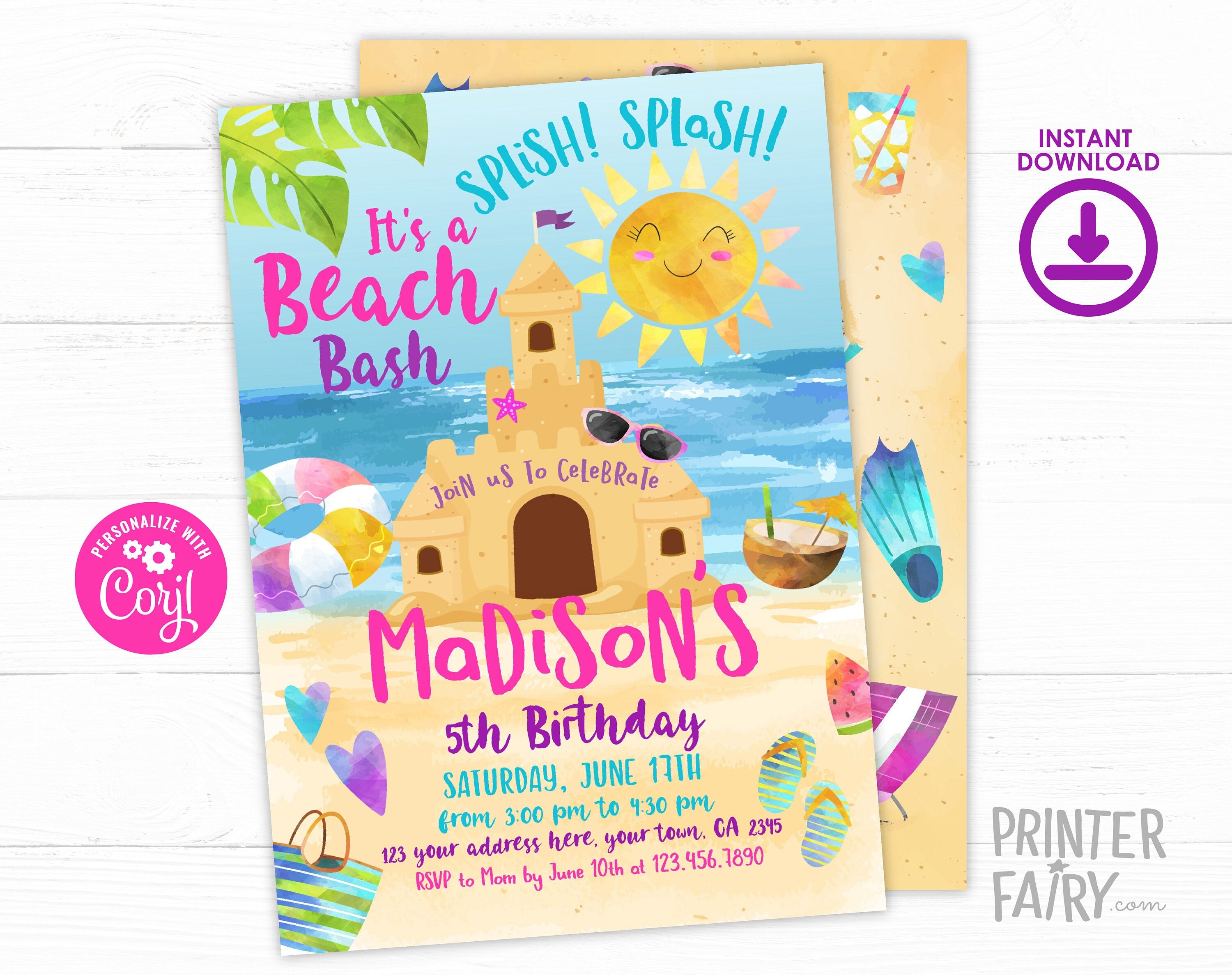 Beach Birthday Party Invitation Editable Template, Sand Castle Invite, Instant Download