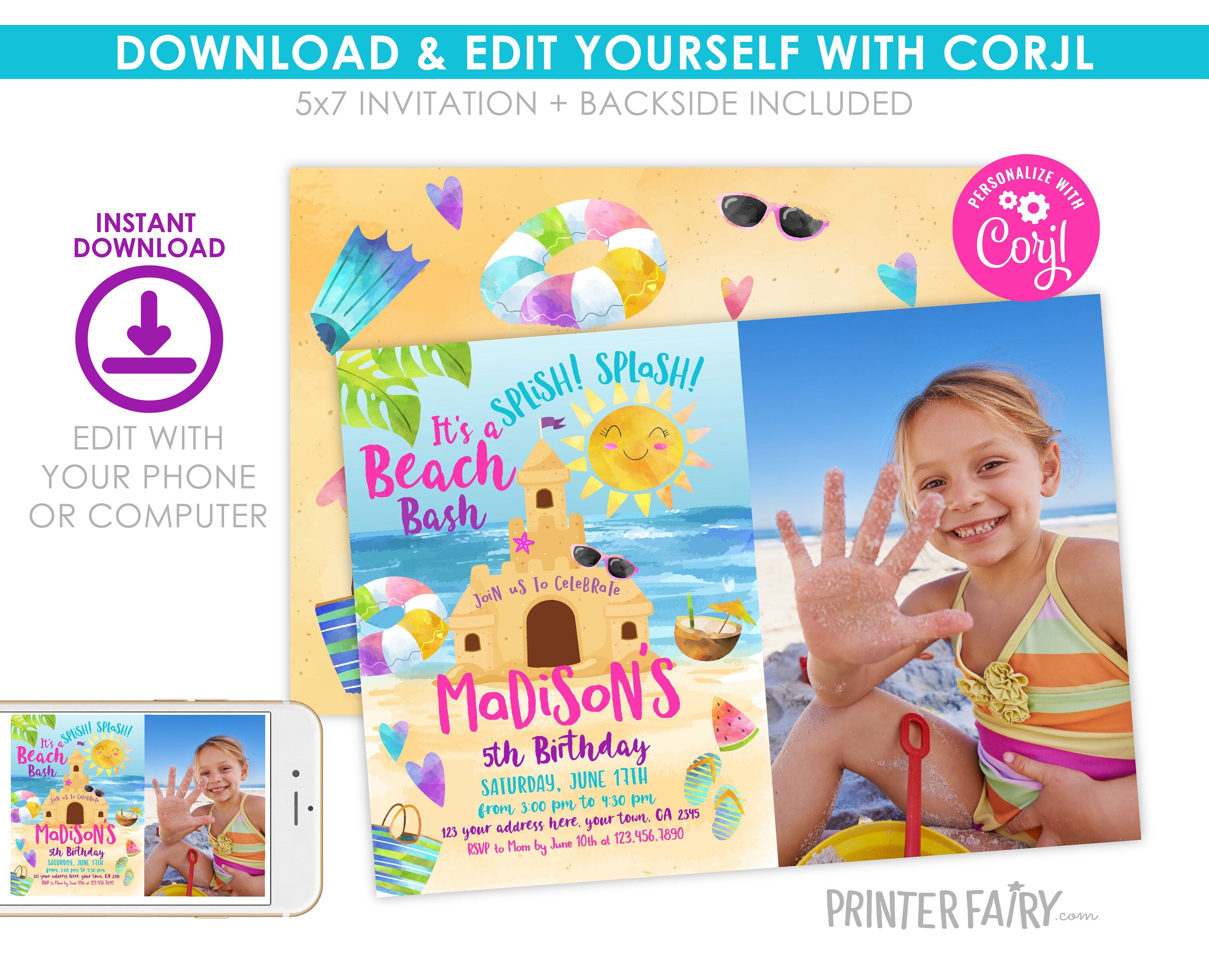 Sand Castle Beach Birthday Party Invitation with Photo Editable Template, INSTANT DOWNLOAD
