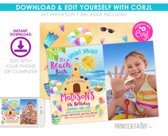Sand Castle Beach Birthday Party Invitation with Photo Editable Template, INSTANT DOWNLOAD