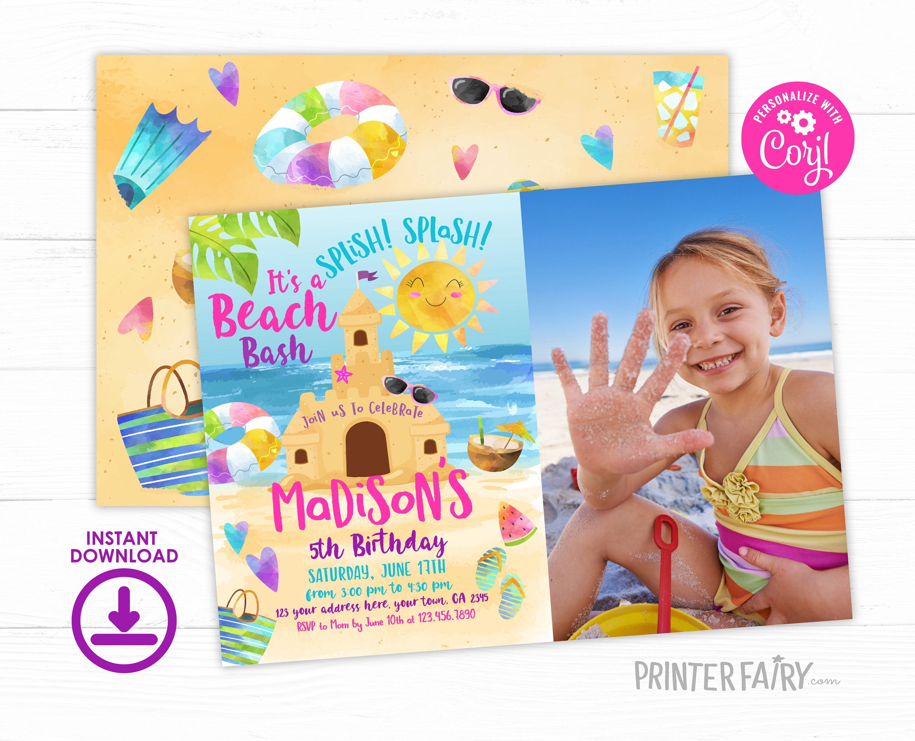 Sand Castle Beach Birthday Party Invitation with Photo Editable Template, INSTANT DOWNLOAD