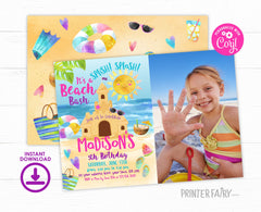 Sand Castle Beach Birthday Party Invitation with Photo Editable Template, INSTANT DOWNLOAD