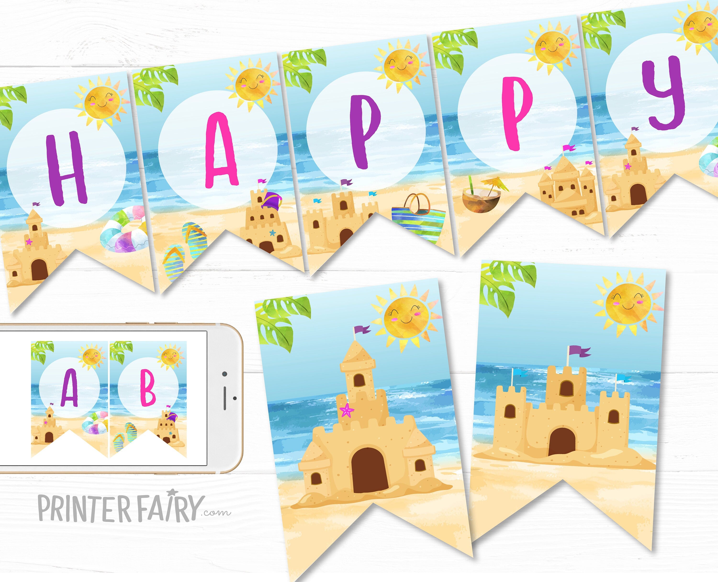 Summer Birthday Banner Editable Template, Beach Party, Instant Download