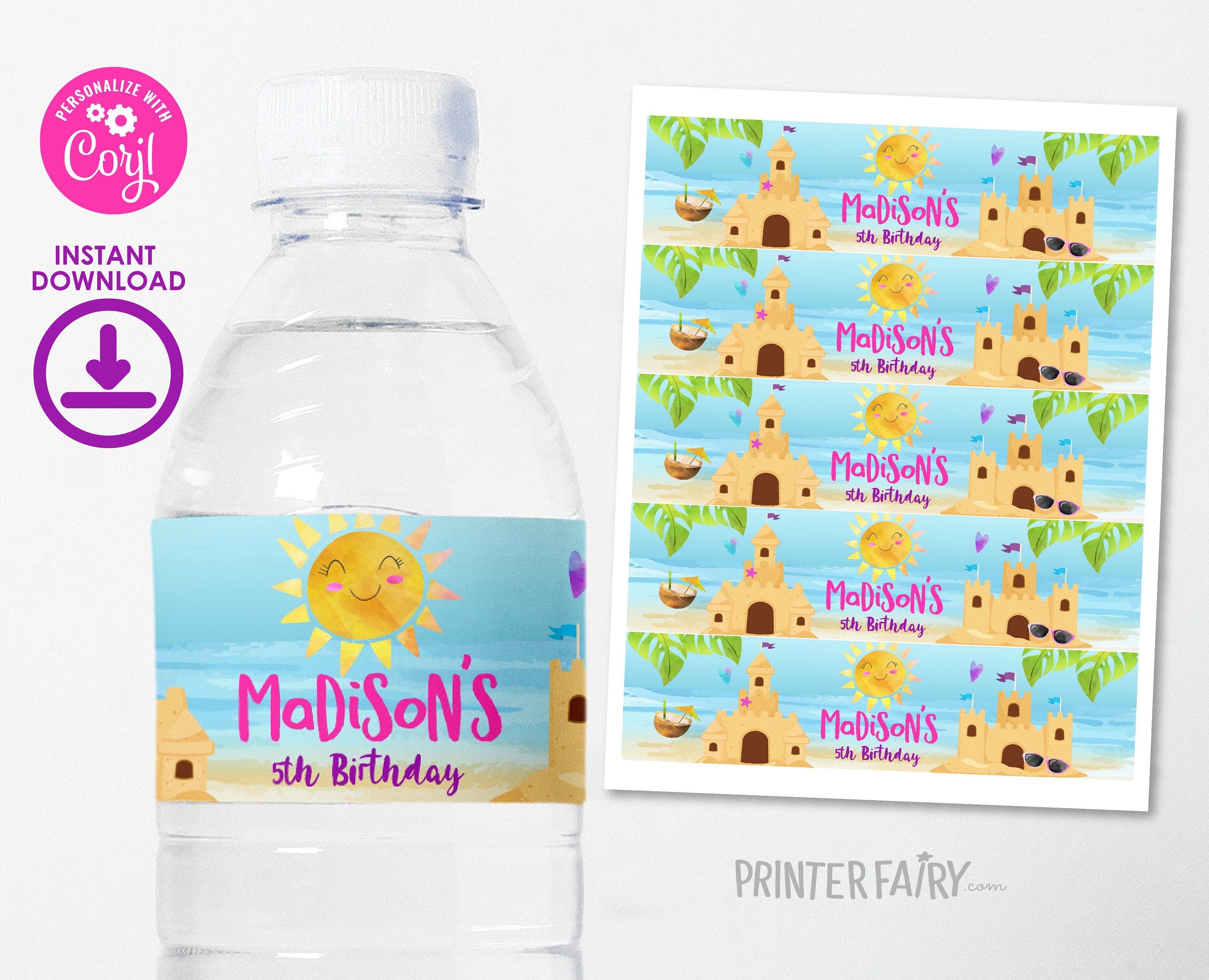 Beach Birthday Party Water Bottle Label Editable Template, Sand Castle Party Decorations, Instant Download