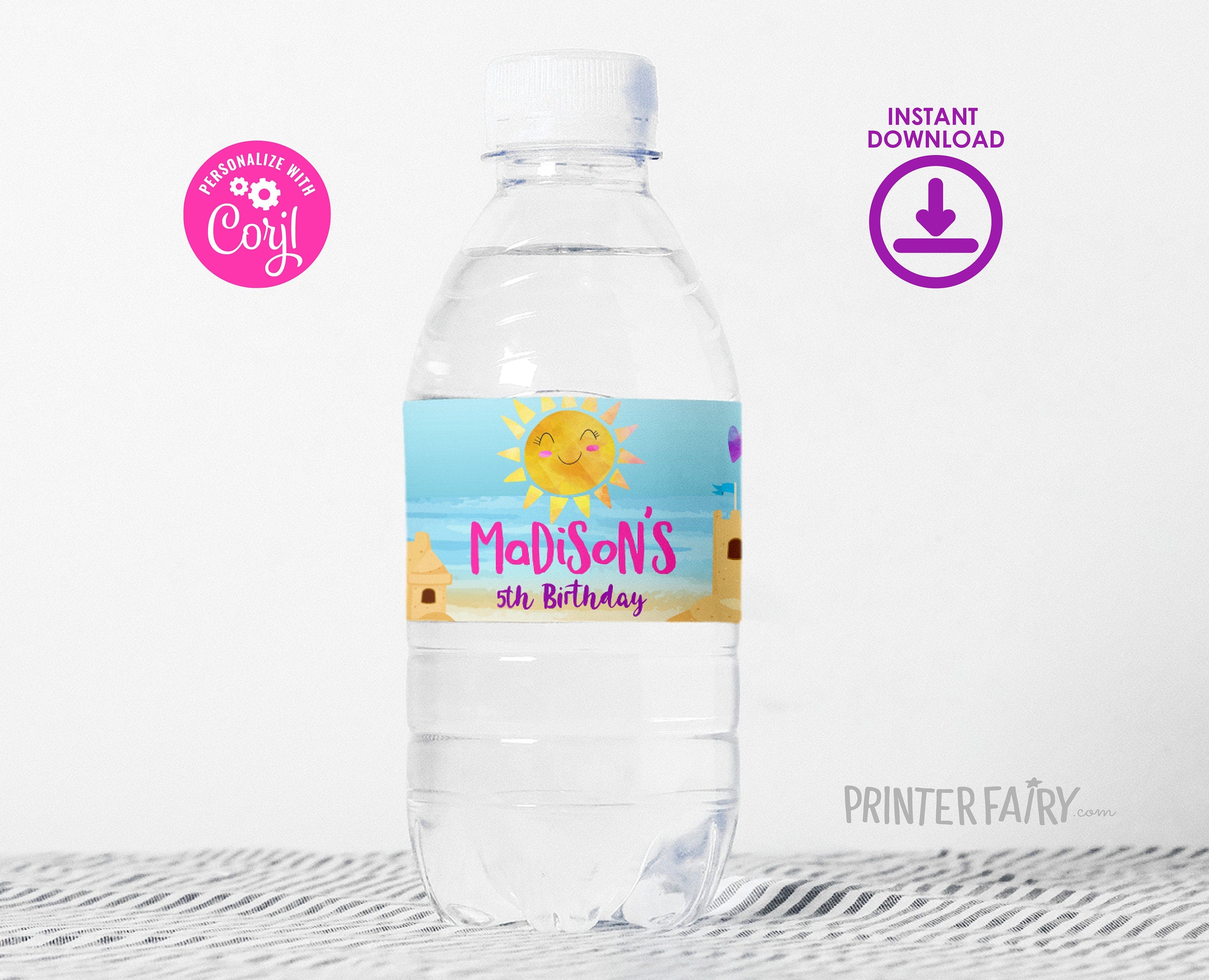 Beach Birthday Party Water Bottle Label Editable Template, Sand Castle Party Decorations, Instant Download