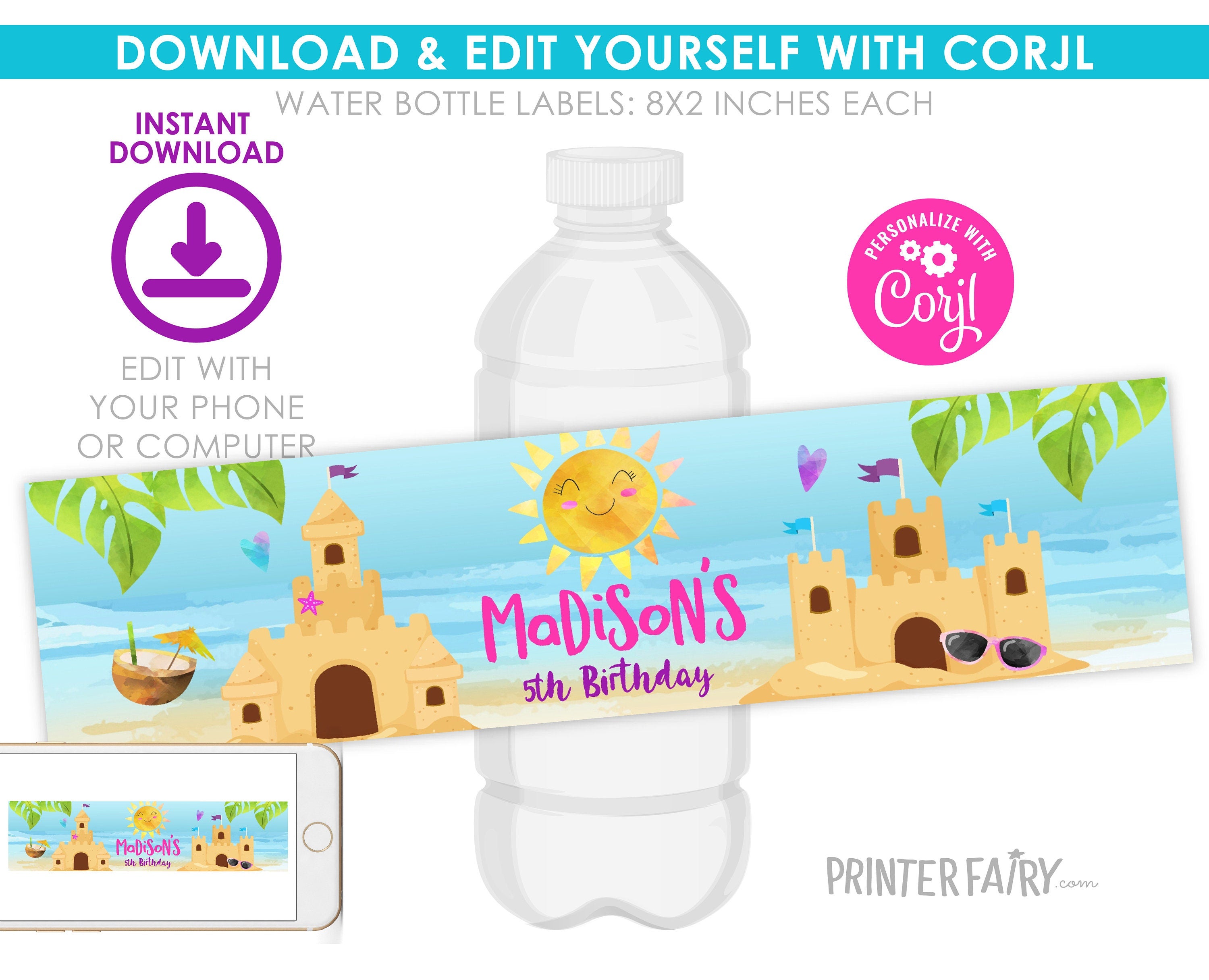 Beach Birthday Party Water Bottle Label Editable Template, Sand Castle Party Decorations, Instant Download