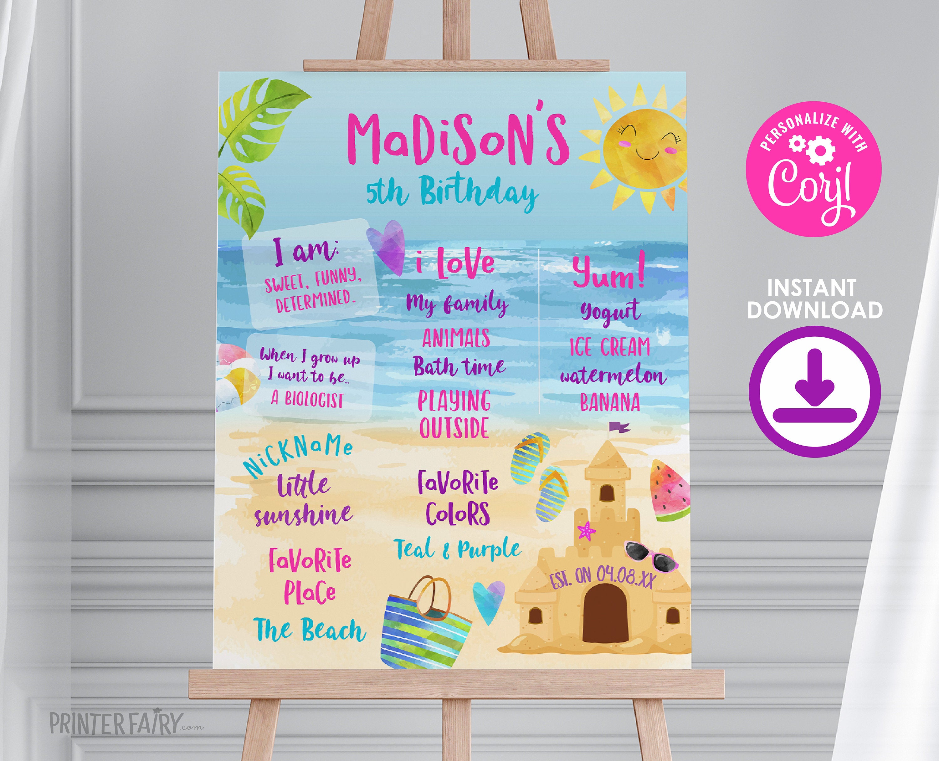 Beach Birthday Party Milestones Board Editable Template, Sand Castle Decorations, Instant Download