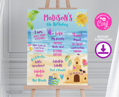 Beach Birthday Party Milestones Board Editable Template, Sand Castle Decorations, Instant Download