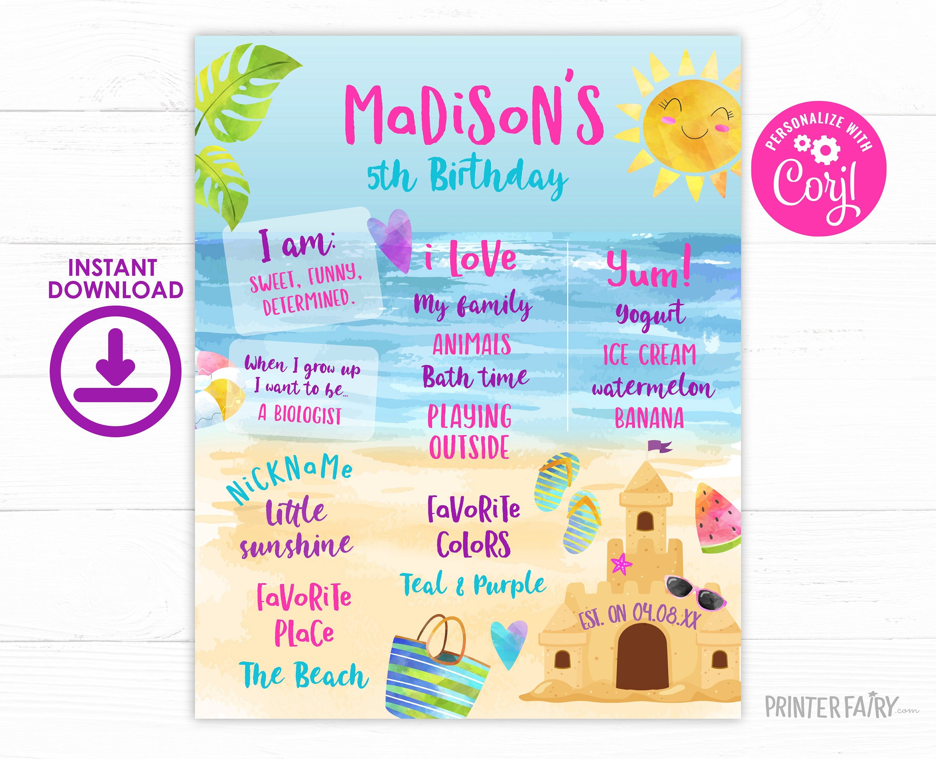 Beach Birthday Party Milestones Board Editable Template, Sand Castle Decorations, Instant Download