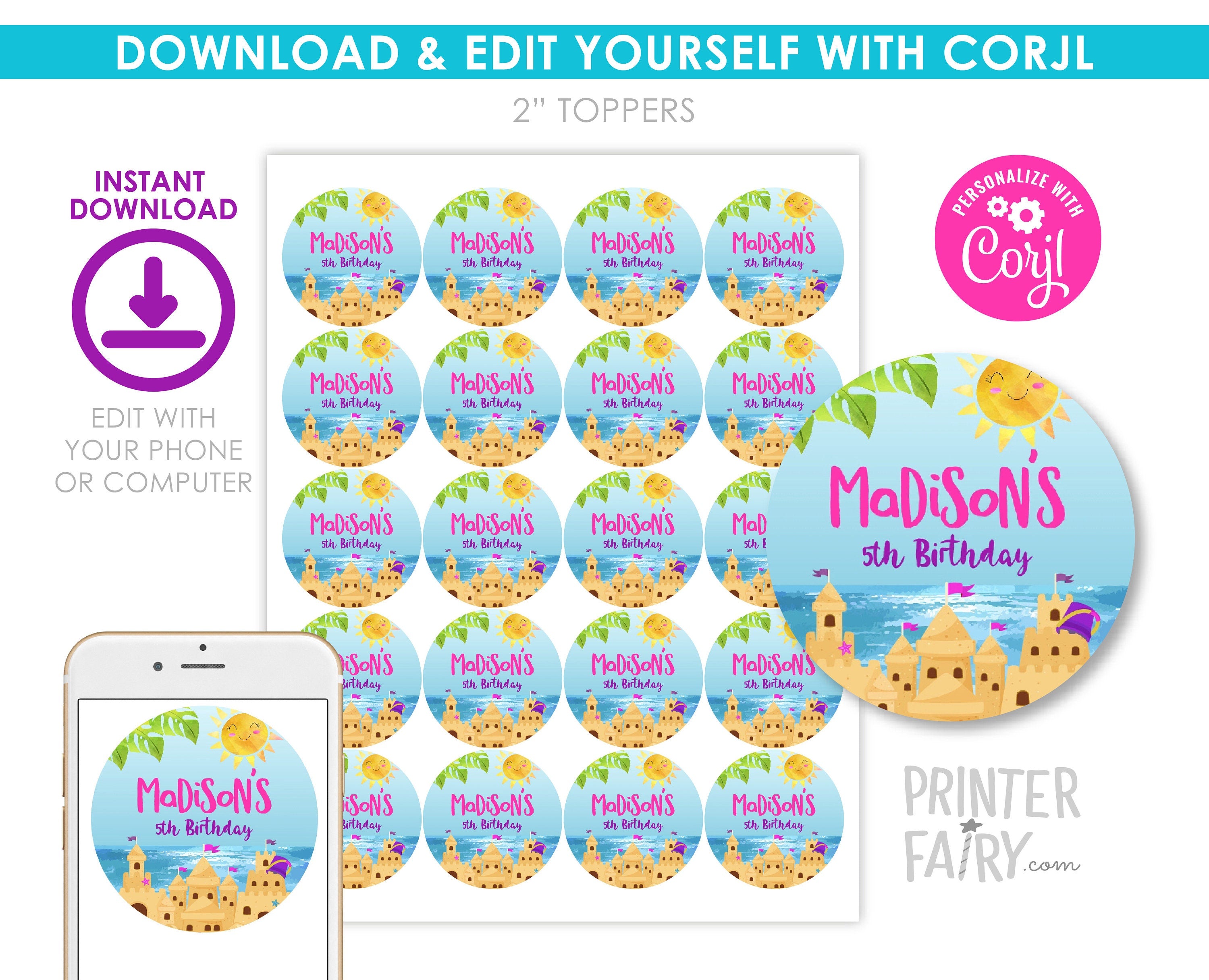 Beach Birthday Party Toppers Editable Template, Sand Castle Stickers, Instant Download