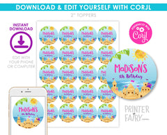 Beach Birthday Party Toppers Editable Template, Sand Castle Stickers, Instant Download