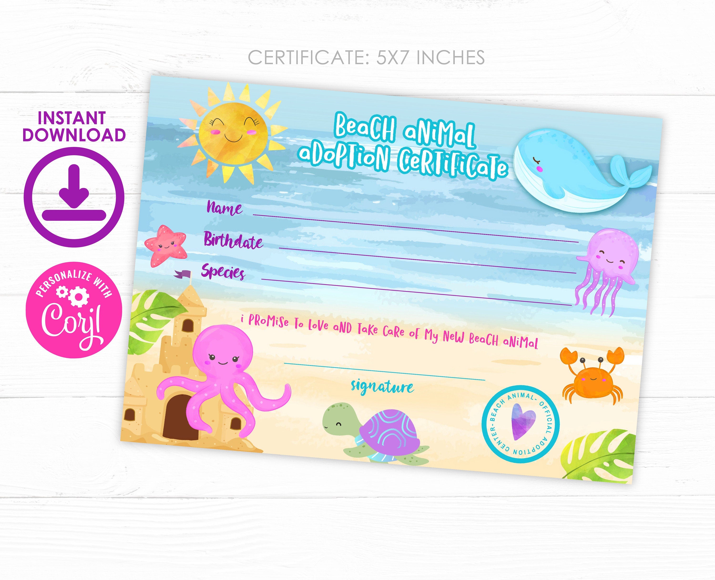 Summer Pet Adoption Party Sign and Certificate Editable Templates, Beach party, Instant Download