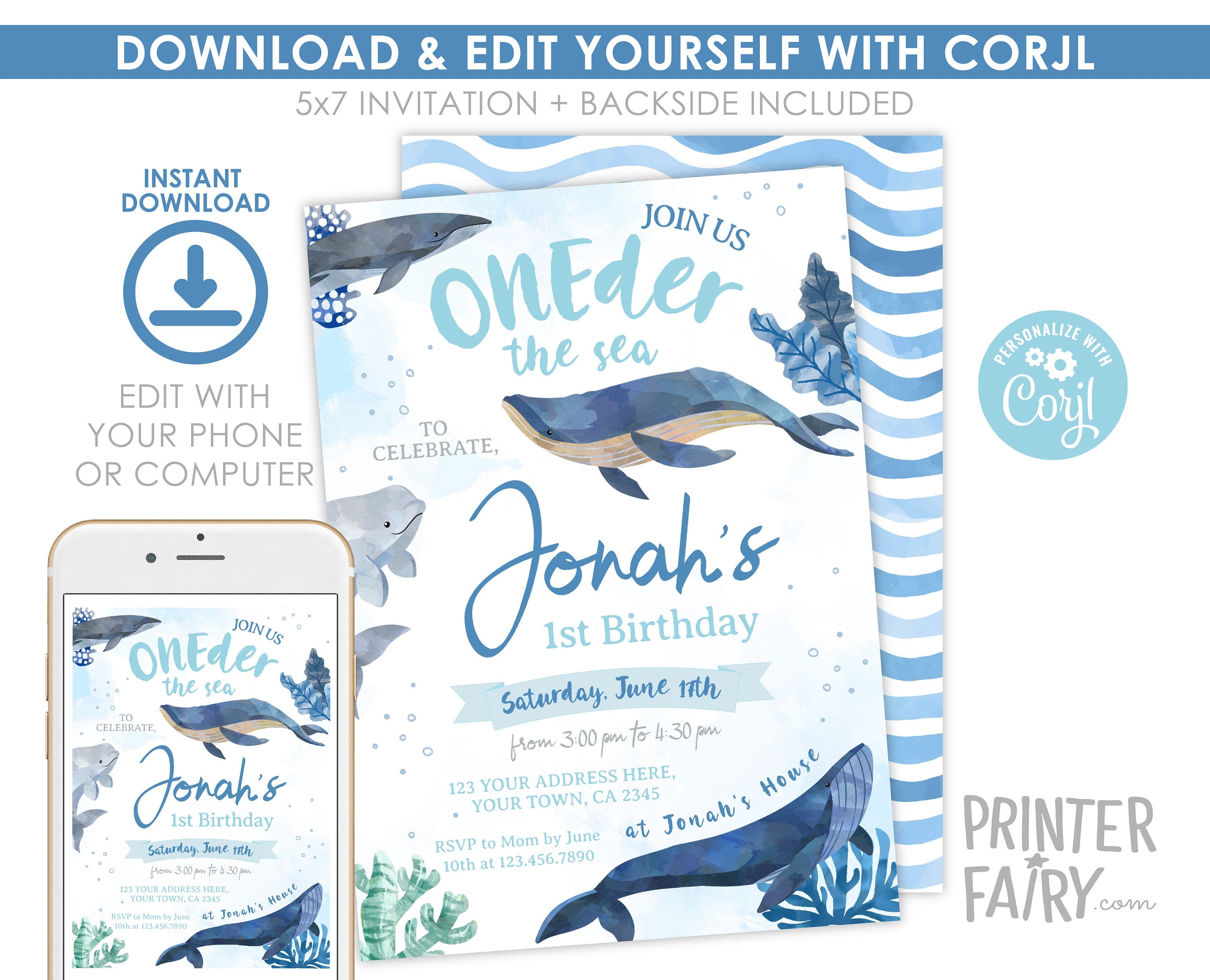 Whales 1st Birthday Invitation, Under The Sea Party (Digital Editable Printable)
