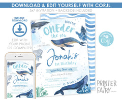 Whales 1st Birthday Invitation, Under The Sea Party (Digital Editable Printable)