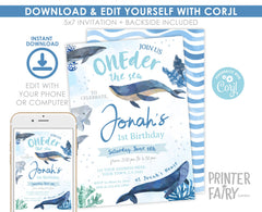Whales 1st Birthday Invitation, Under The Sea Party (Digital Editable Printable)