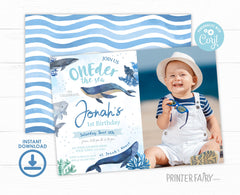 Whales 1st Birthday Invitation with Photo, Under the Sea Party (Editable Printable)