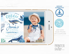 Whales 1st Birthday Invitation with Photo, Under the Sea Party (Editable Printable)