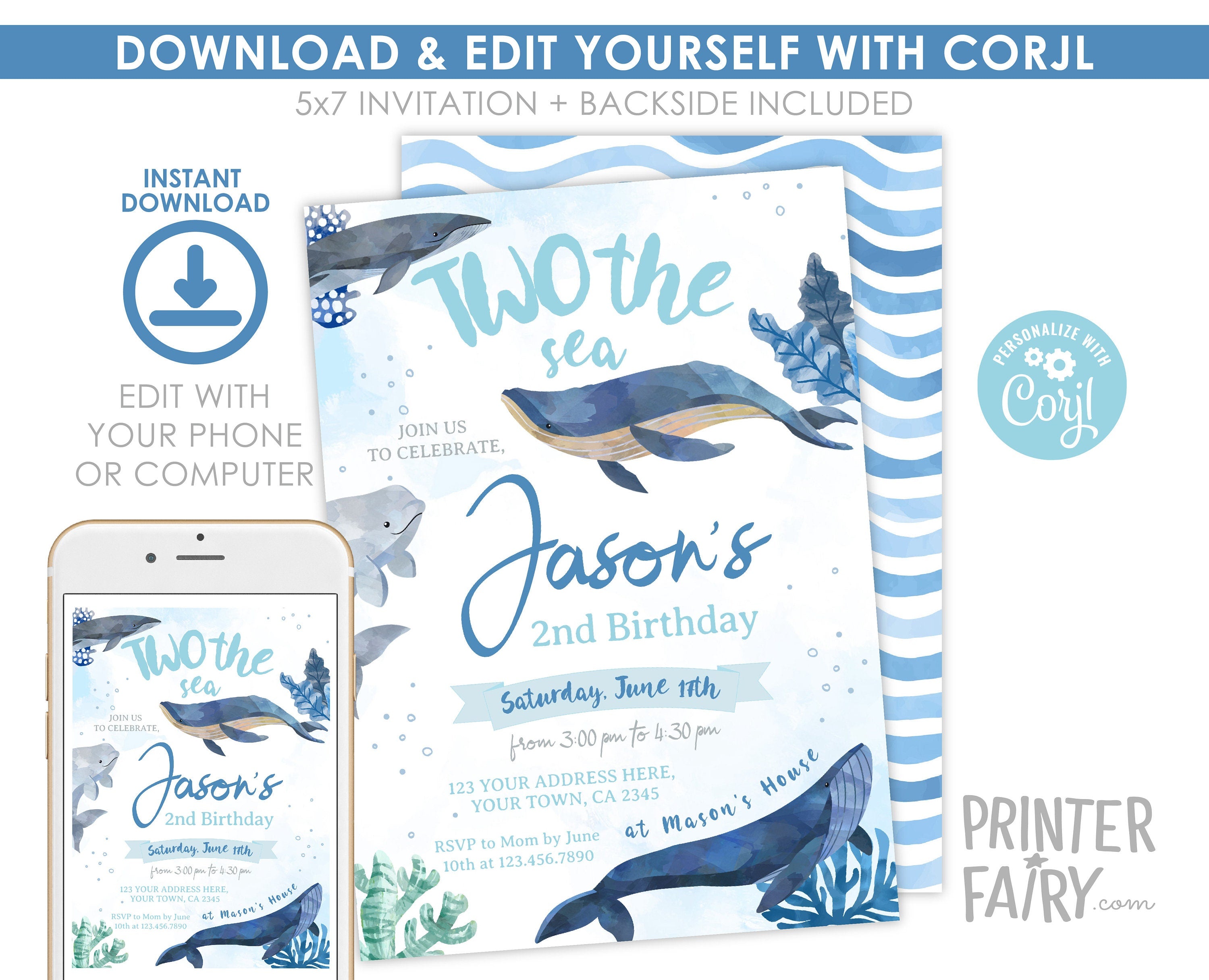 Whale 2nd Birthday Party Invitation, Under the Sea, Editable Template (Instant Download)