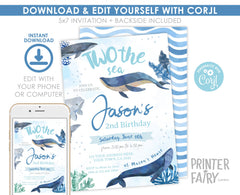 Whale 2nd Birthday Party Invitation, Under the Sea, Editable Template (Instant Download)