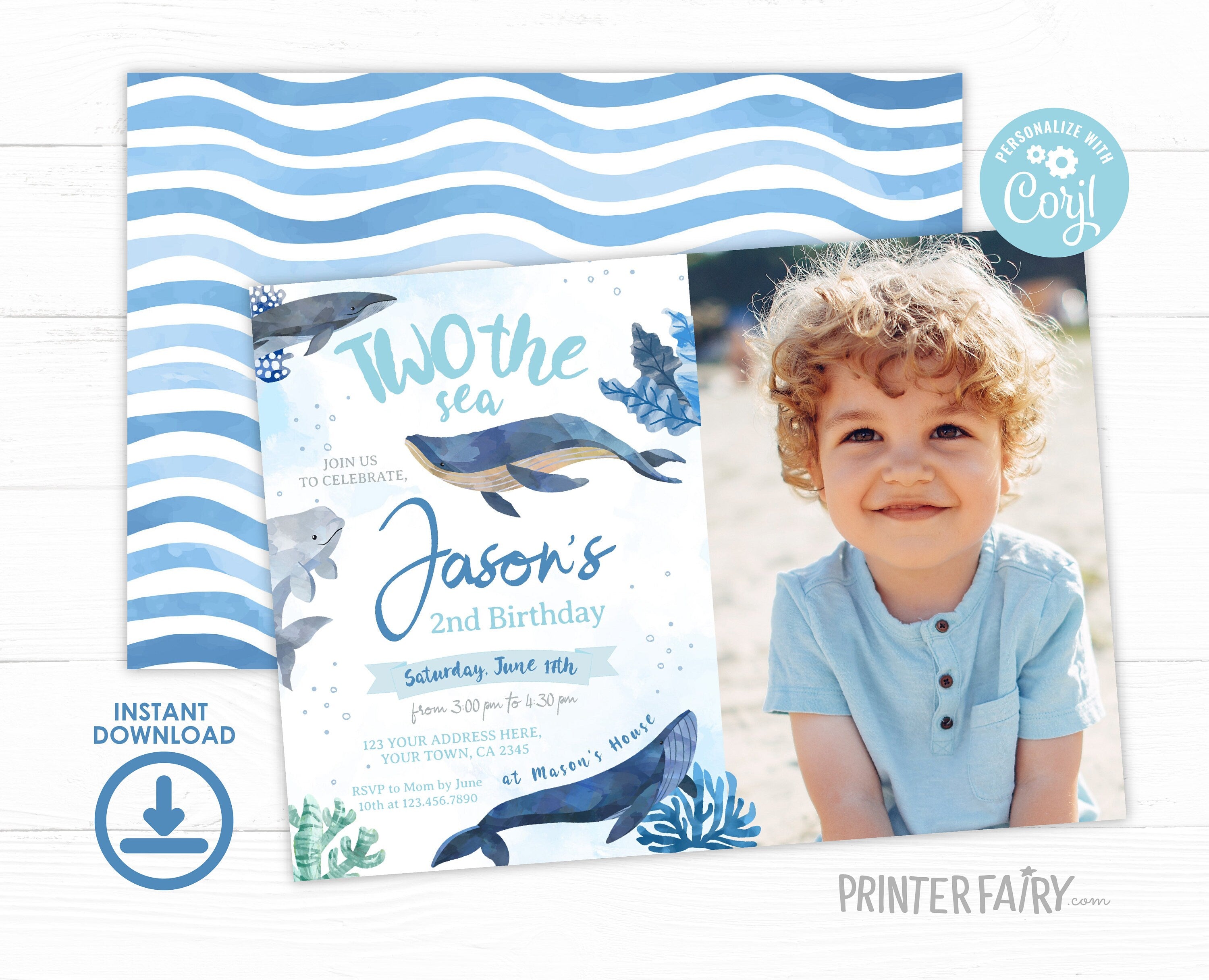 Whales Second Birthday Invitation with Photo (Editable Printable)